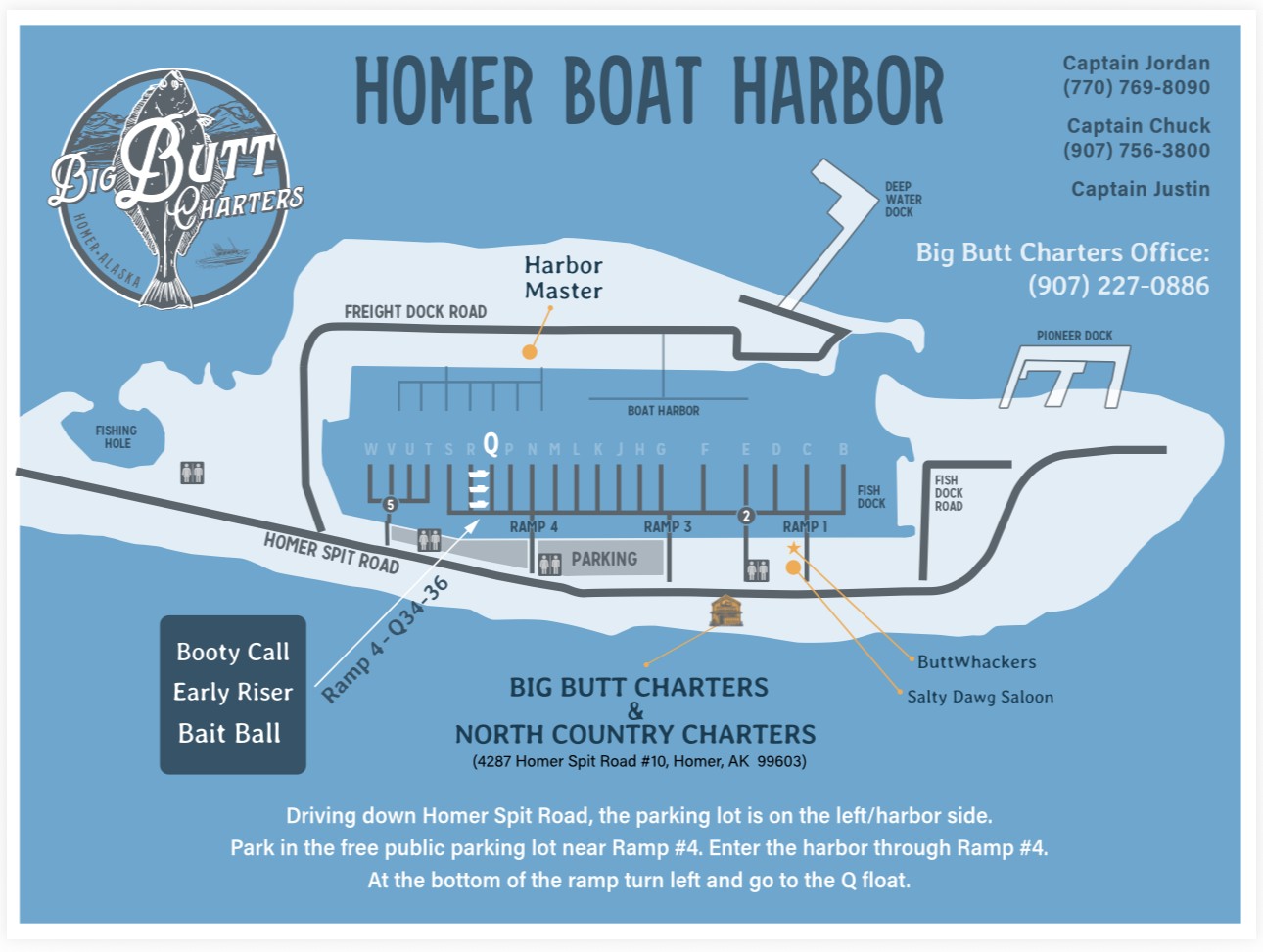 Big Butt Charters 2026 Homer Harbor Map - Slips Q34 Q35 Q36