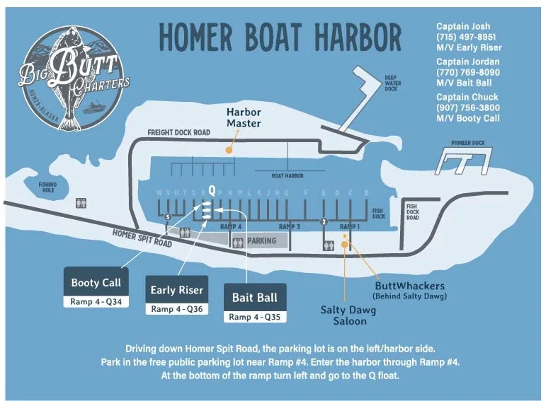 Homer Boat Harbor Map showing Big Butt Charters locations